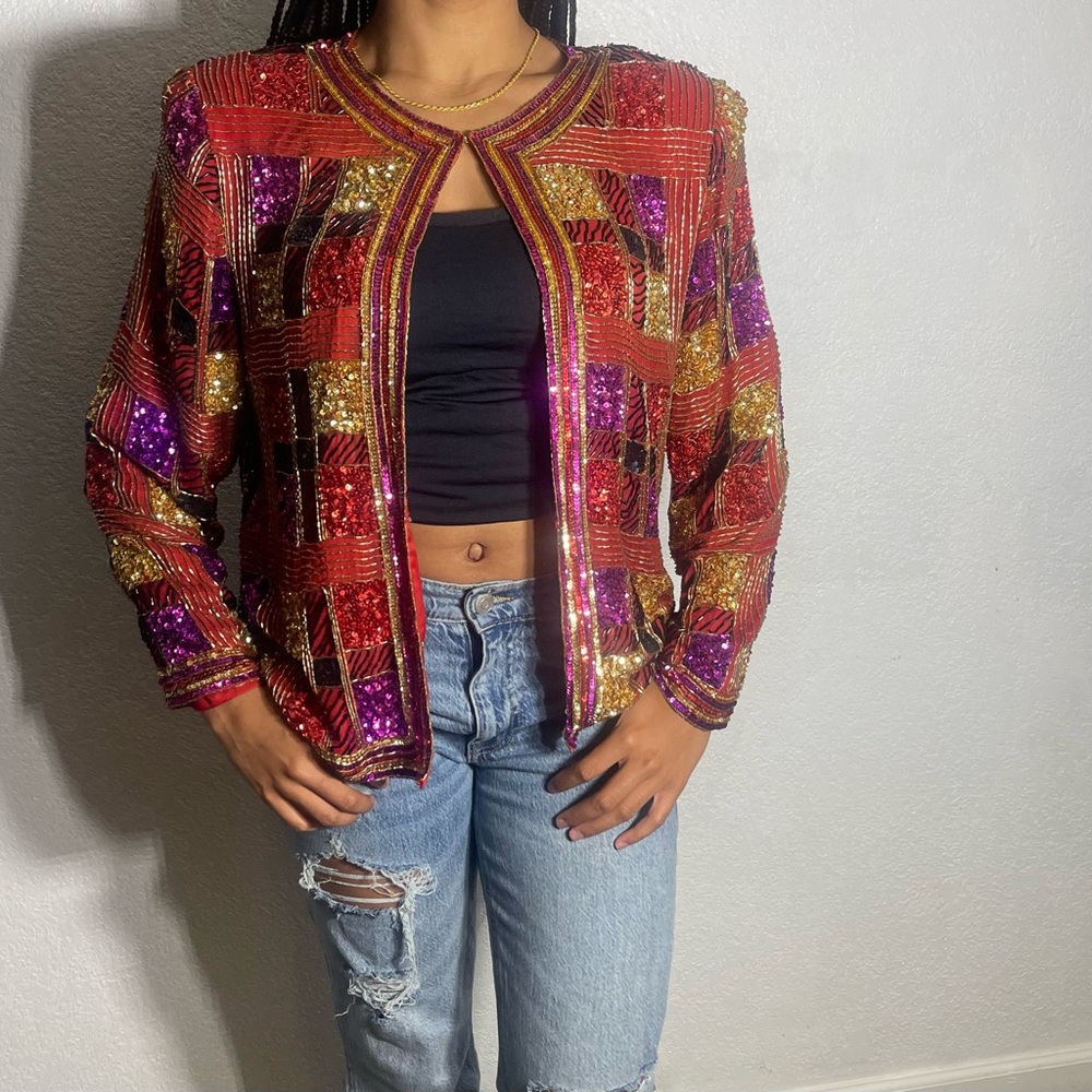 Vintage Color Block Sequin Jacket